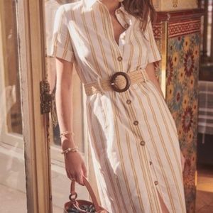Sezane Lexia Ecru and Ochre Stripe Dress Sz 36